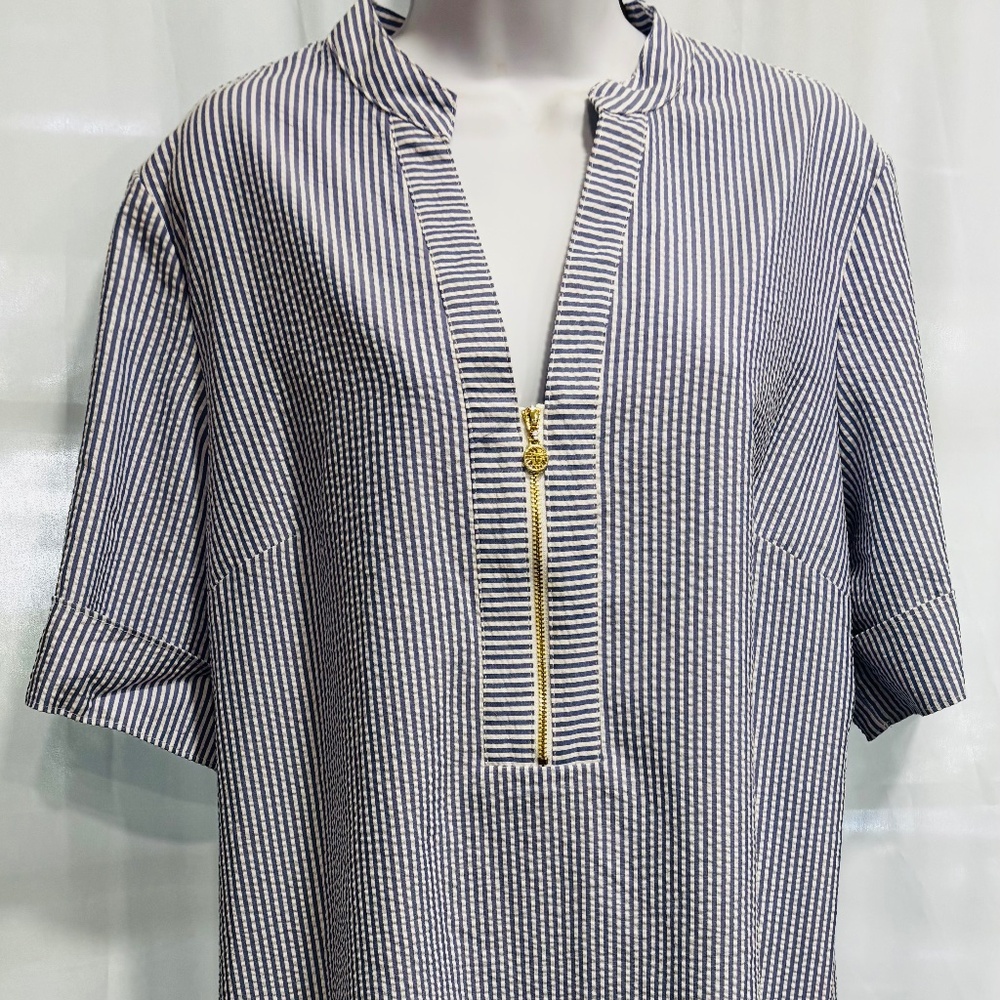 Anne Klein Womens Sz 16 Sleeveless Seersucker Dress Blue White Pin Stripes